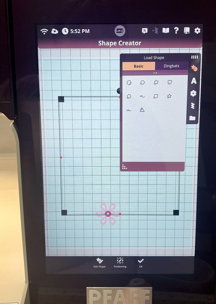 Shape Creator screen with a square shape and the two designs spaced around the shape.