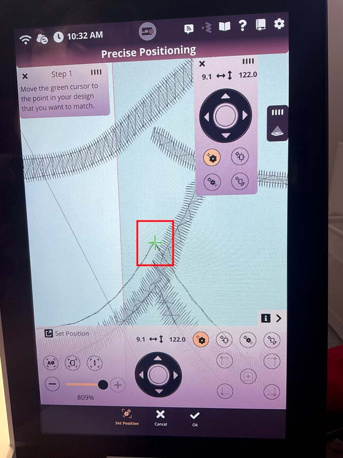 The first step in Precise Positioning is where the cursor is placed on the stitch point that I need to match. The screen is zoomed in 809% so I can make sure the cursor is precisely placed on the stitch point.
