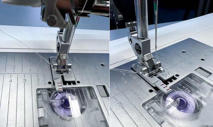 The 5M Manual Buttonhole Foot on the PFAFF creative icon 2 Sewing and Embroidery Machine shown from 2 angles