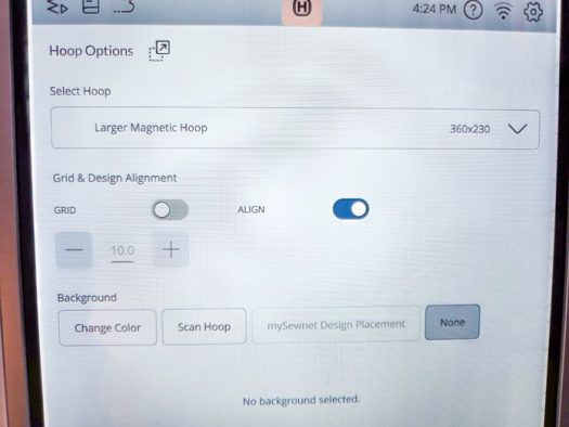 A screen on a computerized embroidery machine