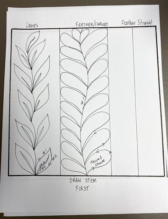 Completed feather quilting design drawn in black ink on white paper.