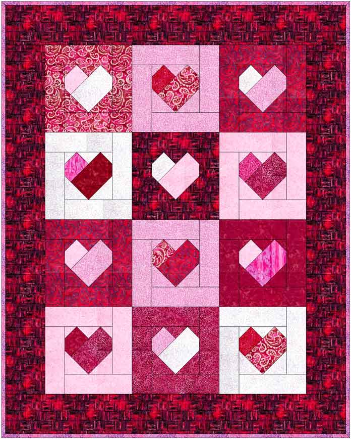 Quilt design using 12 heart blocks and a border in red, pink and white colors.