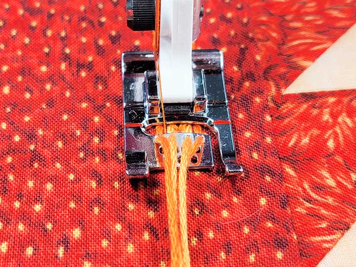 Four strands of orange floss in a metal presser foot on orange fabric; Husqvarna Viking DESIGNER EPIC 2, Husqvarna Viking Eleven Hole Cord Foot with Threader