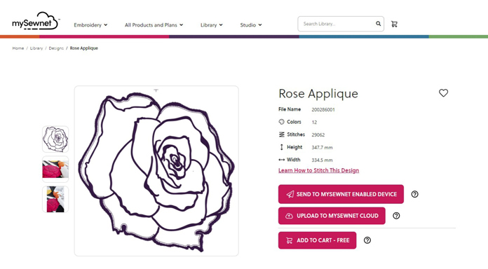 Picture of Rose Applique design and information about the design. Size, number of colors, number of stitches and design accessibility. Free design.