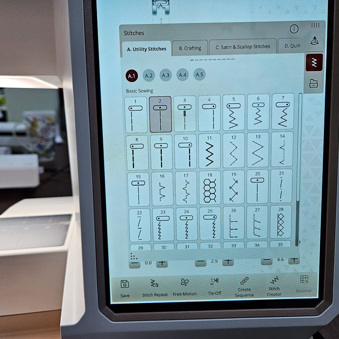 A screen on a computerized sewing machine; Husqvarna VIKING DESIGNER EPIC 3