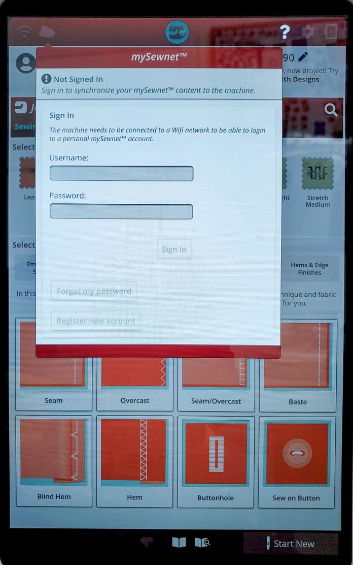 The login screen that shows where you type in your username and password to connect to the mySewnet account. Husqvarna Viking Designer Ruby 90