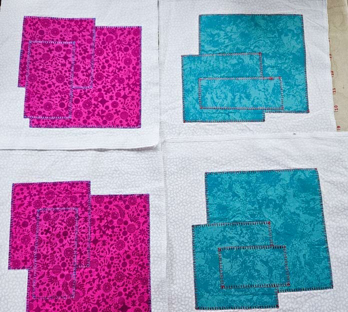 Pink squares on white fabric and teal squares on white fabric; HeatnBond, fusible web, sewing, applique, quilting, hemming, fabric adhesive, SoftStretch, Lite, Featherlite, Ultra, sewing tips, crafting, fabric experiments