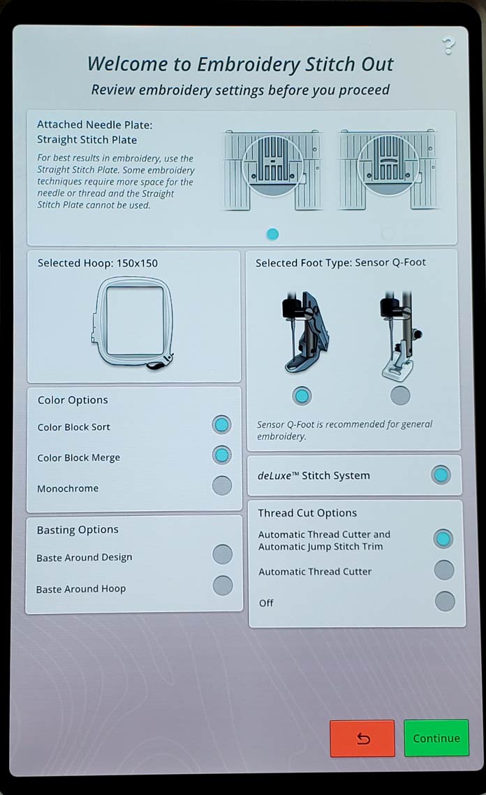 A menu to select machine embroidery options on a computerized embroidery machine; Husqvarna Viking Designer Ruby 90