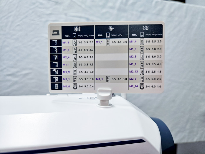 A sewing chart on a sewing machine