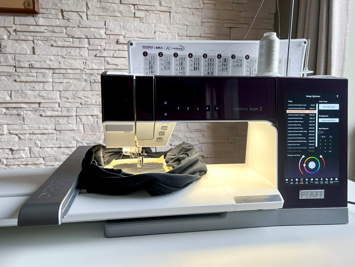 PFAFF creative icon 2 set up for T-shirt embroidery using 40wt polyester thread, 6D Dynamic Spring Foot, and PFAFF creative icon 2 120 Square Hoop (120 x 120 mm). The screen shows hoop selection and design ready to go.