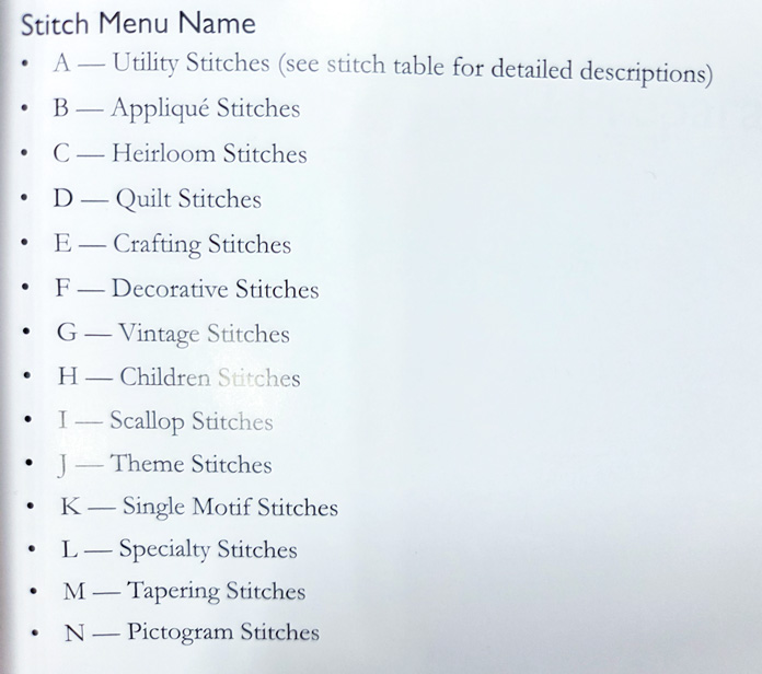 A list of stitch menus for a sewing machine