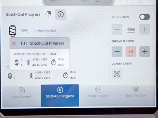 A screen on a computerized embroidery machine