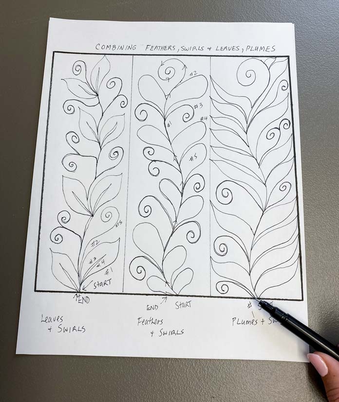 Leaf, feather and plume free motion quilting designs drawn with black ink on white paper.