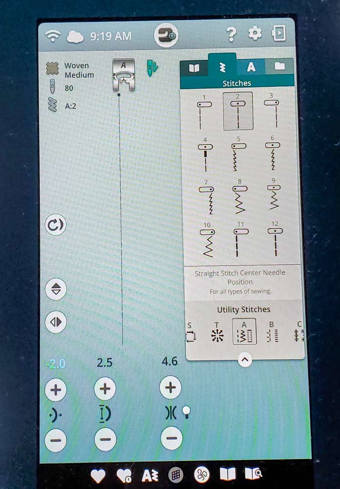 A menu with stitch options on a computerized sewing machine