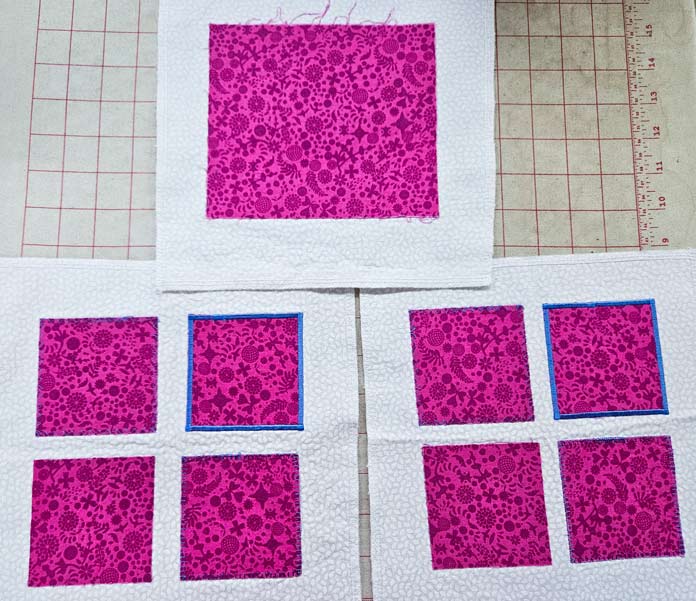 Pink squares on white fabric; HeatnBond, fusible web, sewing, applique, quilting, hemming, fabric adhesive, SoftStretch, Lite, Featherlite, Ultra, sewing tips, crafting, fabric experiments