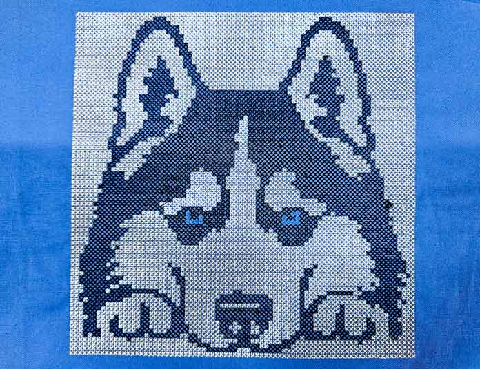 A black and white husky on blue fabric; machine embroidery, quilting, mySewnet, HUSQVARNA VIKING, embroidery software, digital embroidery, quilt block wizard, applique, embroidery design, monogramming, Designer Epic 3