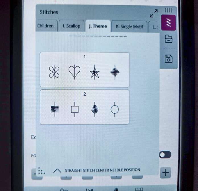 A screen on a computerized sewing machine