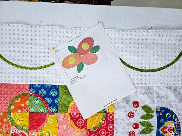 A paper printout of a floral design on a white quilt border 