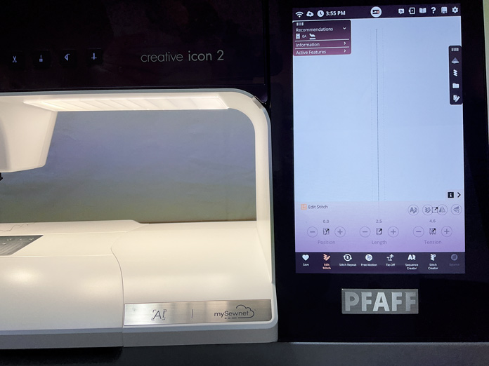 Computer screen on the PFAFF creative icon 2 sewing machine 