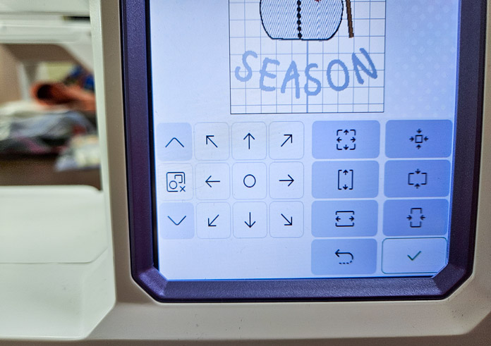 An edit screen on a computerized embroidery machine; Husqvarna VIKING Designer Quartz 29, mySewnet Machine Embroidery Software, Husqvarna VIKING Tear-a-Way Light Stabilizer 15 Inches x 25 Yards