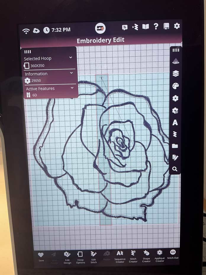 Picture of Rose Applique design after it was sent from mySewnet Library directly to the screen of my Pfaff creative icon 2.