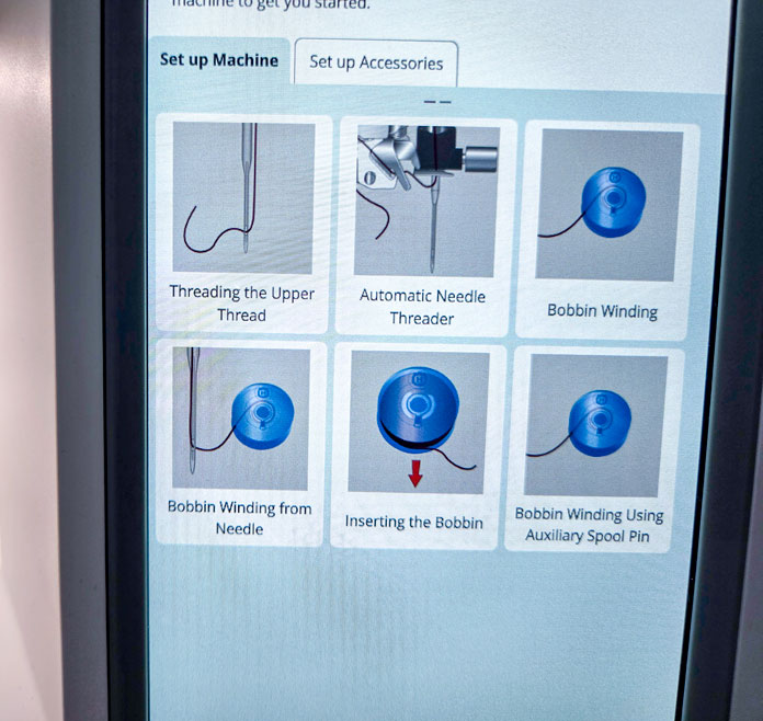 Tutorials on the screen of a computerized sewing machine