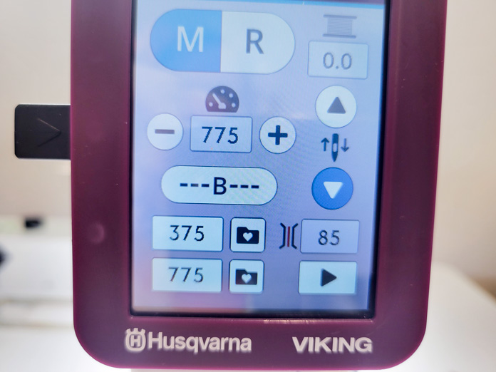 The color touch screen of a stationary quilting machine; Husqvarna Viking PLATINUM™ Q160