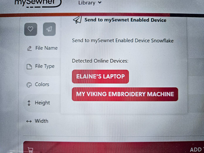 Red and black writing on a white computer screen; Husqvarna VIKING Designer Quartz 29, mySewnet Machine Embroidery Software, mySewnet Library, Husqvarna VIKING Tear-a-Way Light Stabilizer 15 Inches x 25 Yards