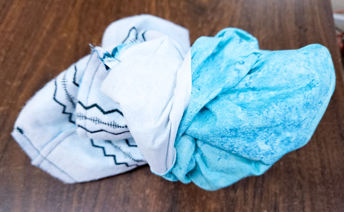 Turning blue and white fabric inside out