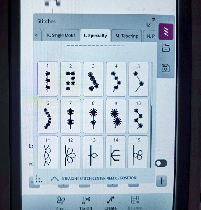 A screen on a computerized sewing machine