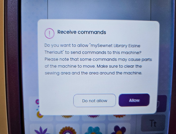 A pop-up message on the screen of a computerized sewing and embroidery machine; Husqvarna VIKING Designer Quartz 29, mySewnet Machine Embroidery Software, mySewnet Library, Husqvarna VIKING Tear-a-Way Light Stabilizer 15 Inches x 25 Yards