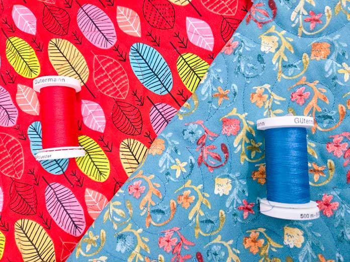 Red thread on red fabric and blue thread on blue fabric