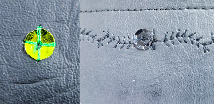 Sequins with sewing machine stitching