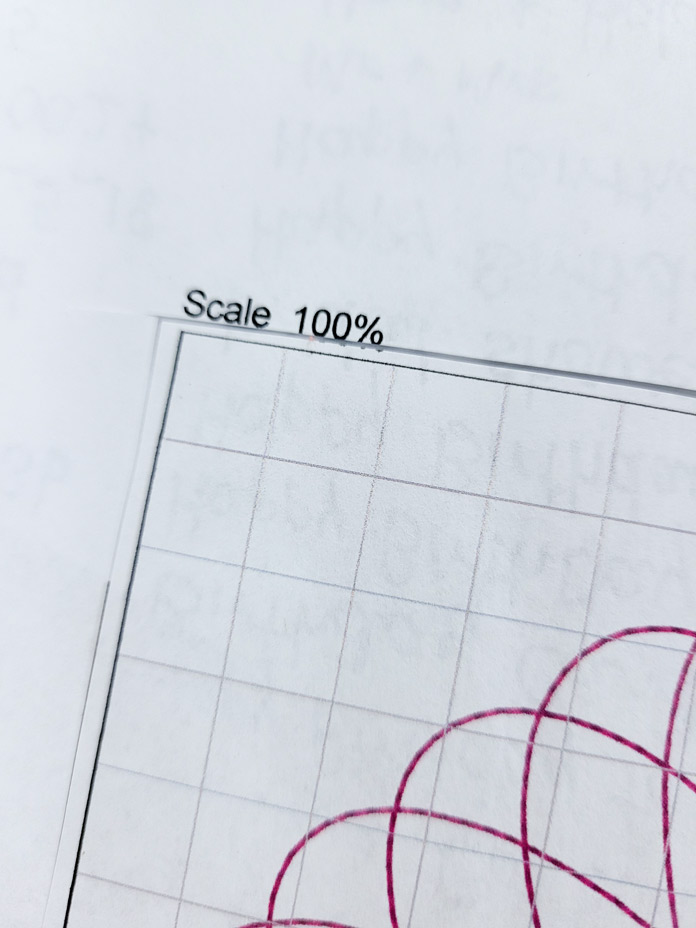 A piece of graph paper showing the scale at 100 percent; Husqvarna Viking Designer Ruby 90 sewing and embroidery machine, Singer Ironing and Crafting Station, Singer Steam Craft Plus Iron, Inspira Aqua Magic Plus Stabilizer