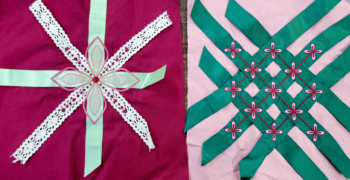 A burgundy fabric with green ribbon and lace and coral fabric with green ribbon and pink flowers