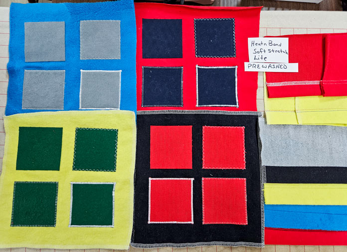 Colorful squares of fabric; Learn how to use HeatnBond SOFTSTRETCH fusible web on knits, denim, fleece, and more