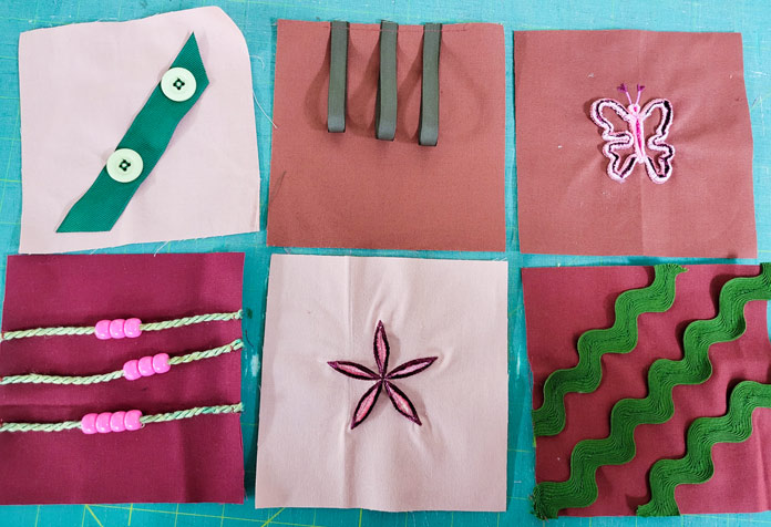 Six quilt blocks with activities on each using brown fabric and green and pink trims