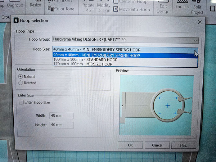 A list of embroidery hoops in embroidery software on a computer; Husqvarna VIKING Designer Quartz 29, mySewnet Machine Embroidery Software, mySewnet Library, Husqvarna VIKING Tear-a-Way Light Stabilizer 15 Inches x 25 Yards