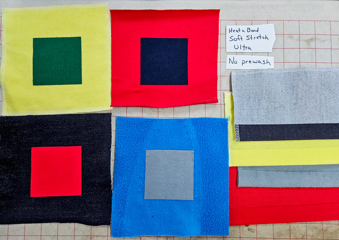 Colorful squares of fabric; Learn how to use HeatnBond SOFTSTRETCH fusible web on knits, denim, fleece, and more