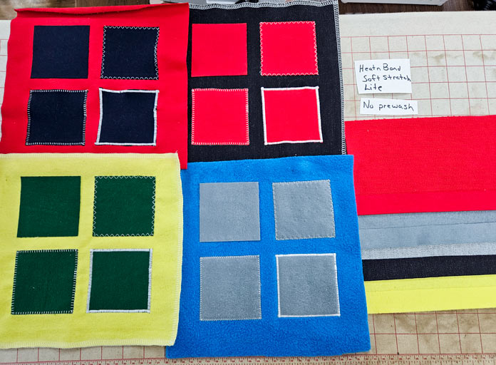 Colorful squares of fabric; Learn how to use HeatnBond SOFTSTRETCH fusible web on knits, denim, fleece, and more