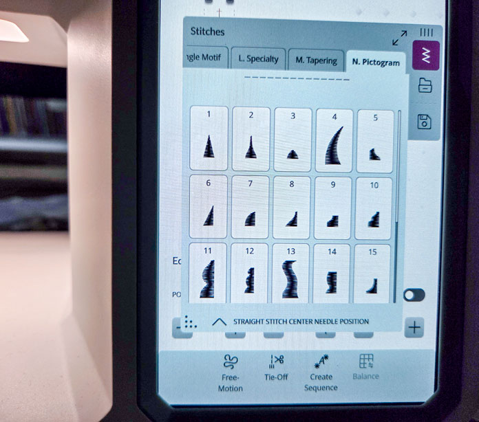 A screen on a computerized sewing machine