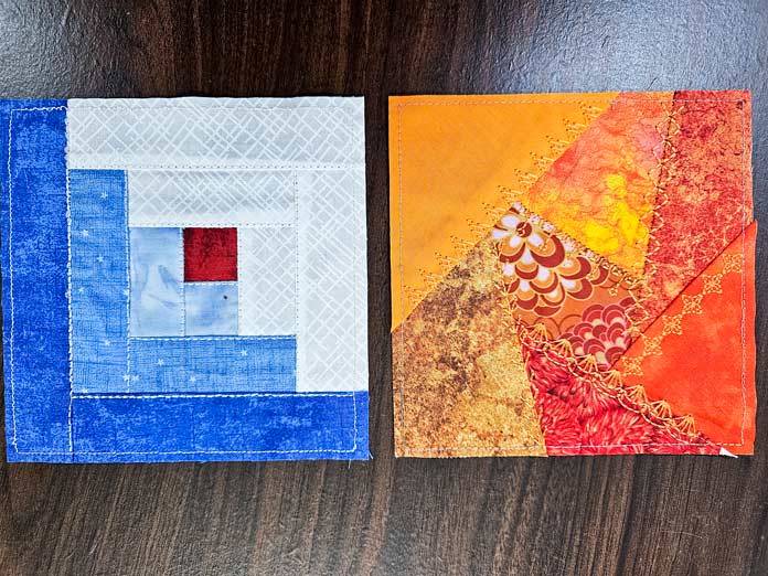 A blue, white, and red quilt block and an orange quilt block