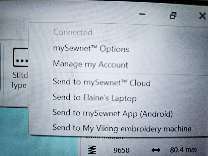 A pop-up message with send options on a computer screen; Husqvarna VIKING Designer Quartz 29, mySewnet Machine Embroidery Software, mySewnet Library, Husqvarna VIKING Tear-a-Way Light Stabilizer 15 Inches x 25 Yards