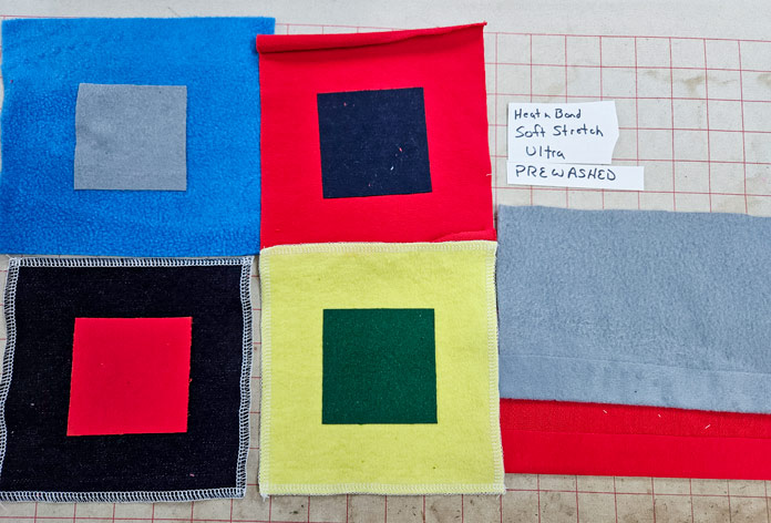 Colorful squares of fabric; Learn how to use HeatnBond SOFTSTRETCH fusible web on knits, denim, fleece, and more