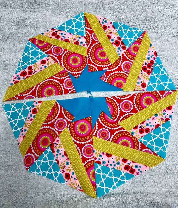 2 Groups of 4 triangle units sewn together to make the kaleidoscope block