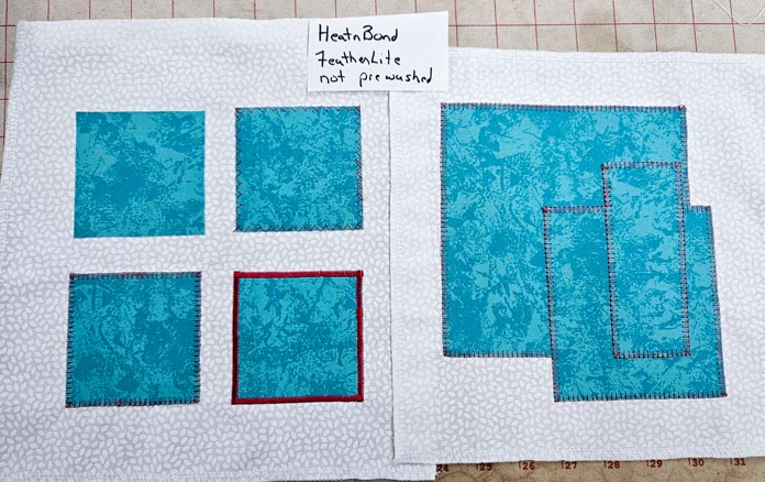 Squares of teal fabric on white; HeatnBond FeatherLite, fabric samples, fusible web, sewing projects