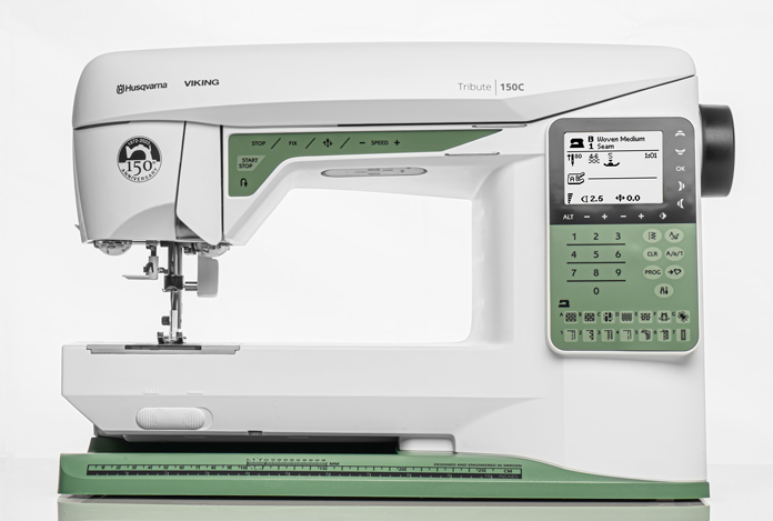 A green and white sewing machine; Husqvarna Viking Tribute 150C