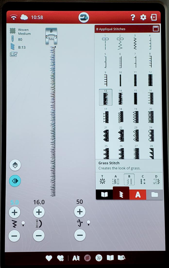 Settings for a grass stitch on a computerized sewing machine; Husqvarna Viking Designer Ruby 90