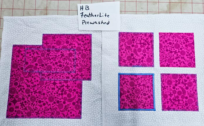 Squares of pink fabric on white fabric; HeatnBond FeatherLite, fabric samples, fusible web, sewing projects