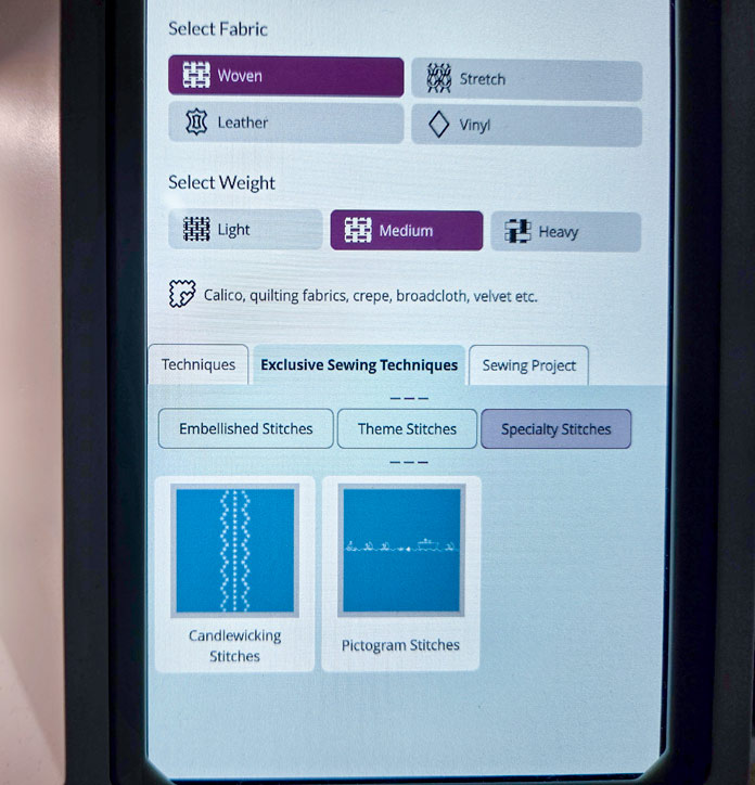 A screen on a computerized sewing machine